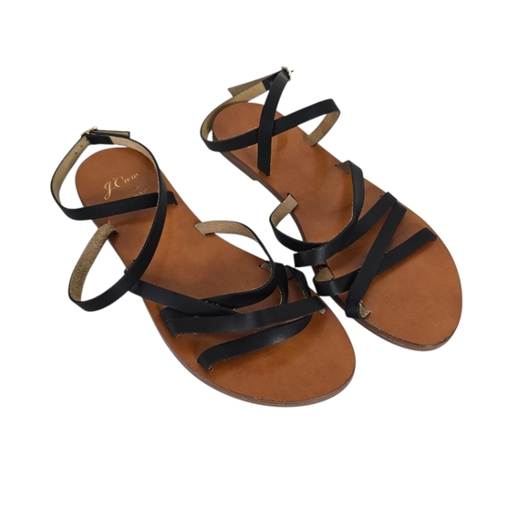 J. Crew Cross-strap Flat Sandals Black Leather Size 10. Boho Casual Festival - Picture 1 of 8